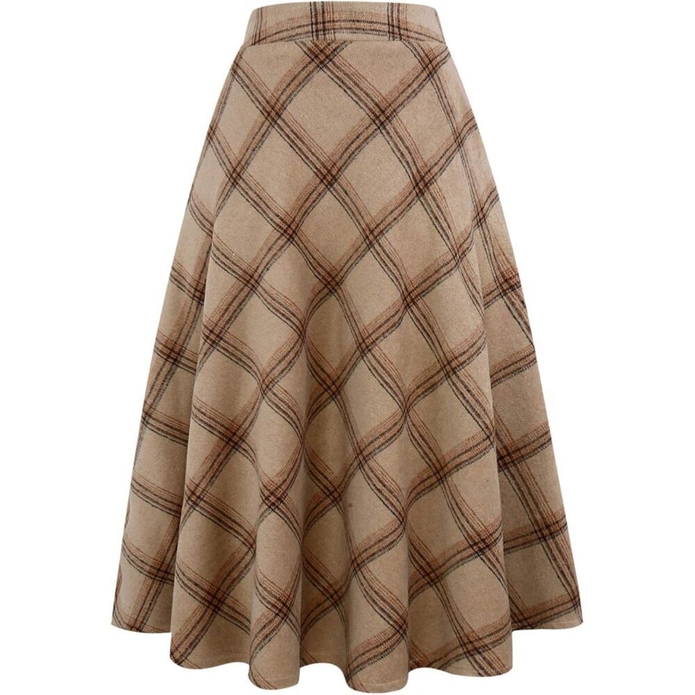 Womens Long Khaki New Elastic Waist A-Line Pleated Tartan Long Plaid Wool Skirts